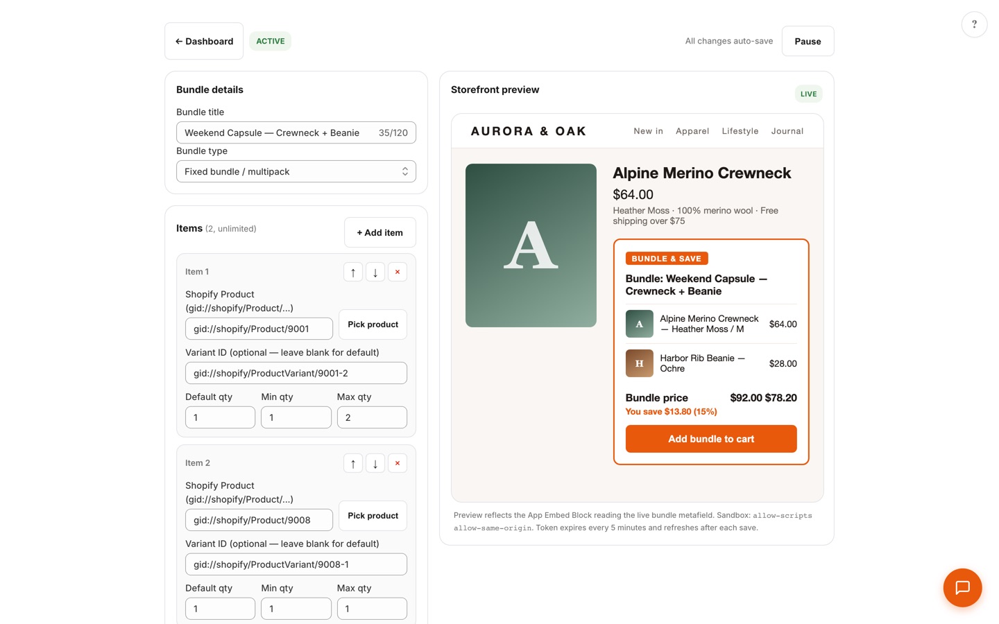Two-pane bundle editor with bundle details and items on the left and a live theme-accurate storefront preview showing the bundle widget with savings on the right