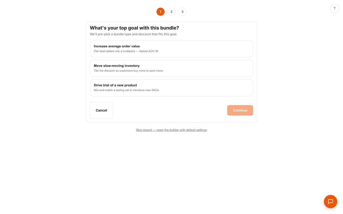 Bundle creation wizard step 1 asking for your top goal, with options to raise average order value, move slow inventory, or drive trial of a new product