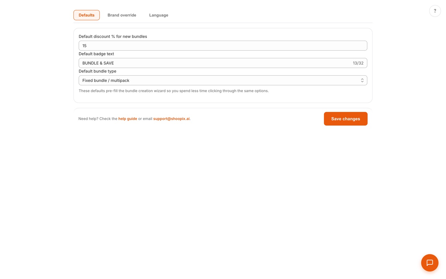 Settings page with Defaults, Brand override, and Language tabs configuring default discount, badge text, and bundle type