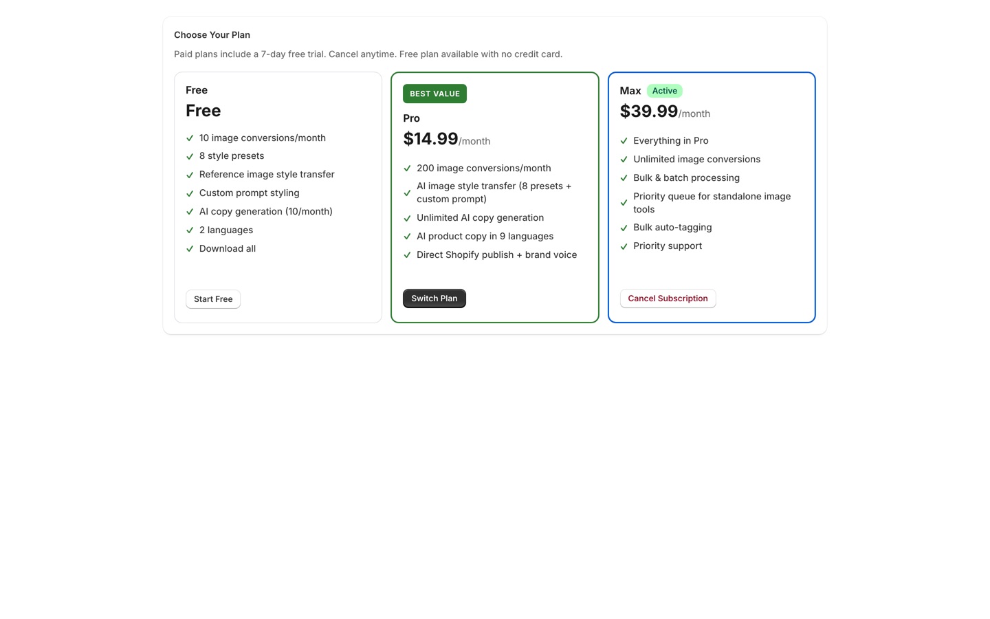 In-app Choose Your Plan page showing Free, Pro $14.99/mo, and Max $39.99/mo tiers with a 7-day free trial