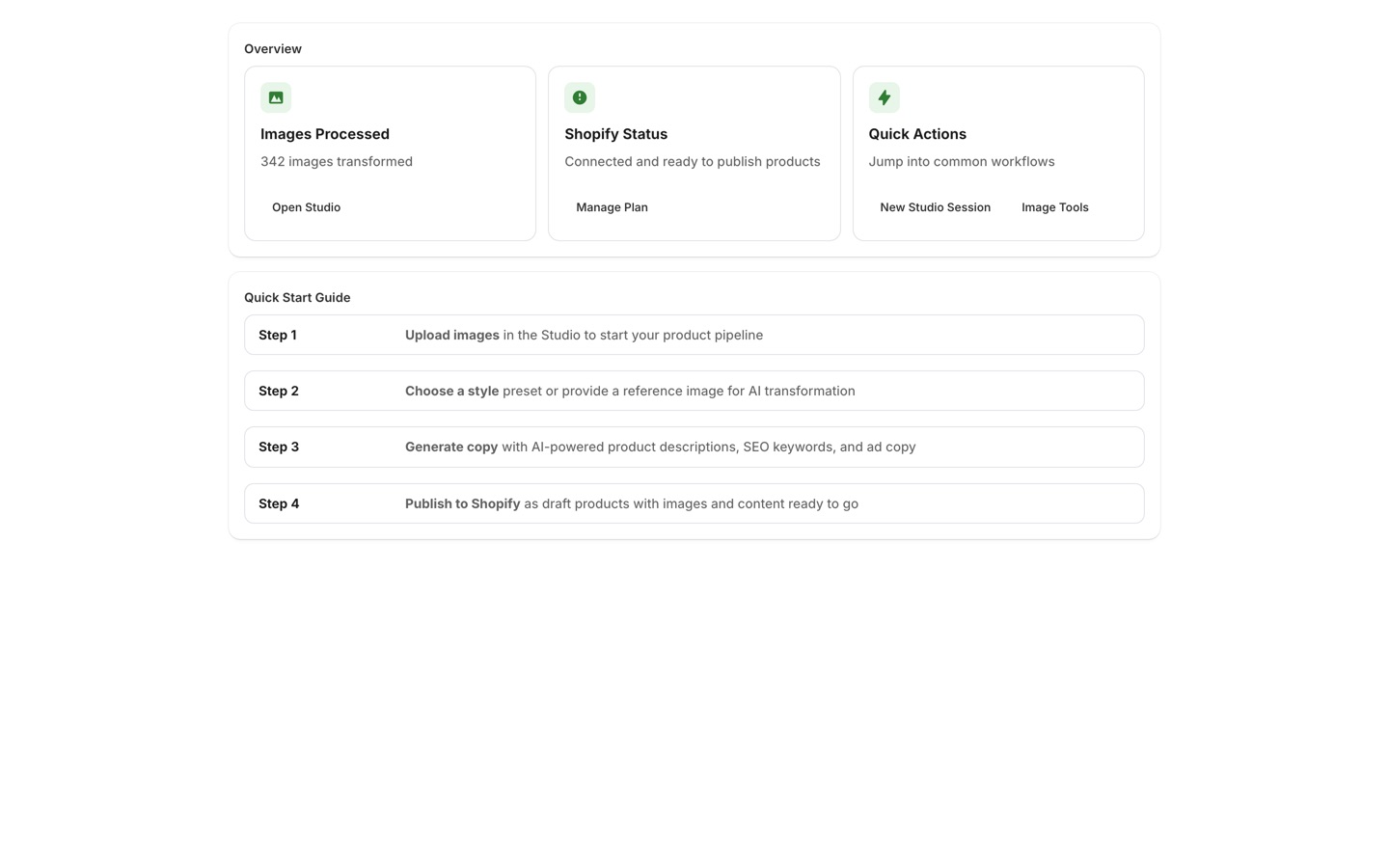 Catalog Manager dashboard showing images processed, Shopify connection status, quick actions, and a quick start guide