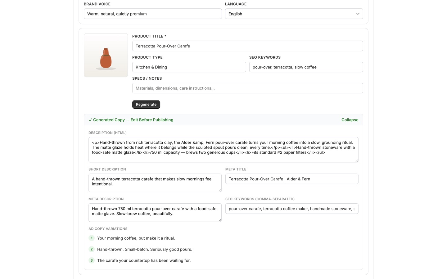 Copy Generation step with brand voice and language settings, a generated SEO description, meta title and description, keywords, and three ad copy variations