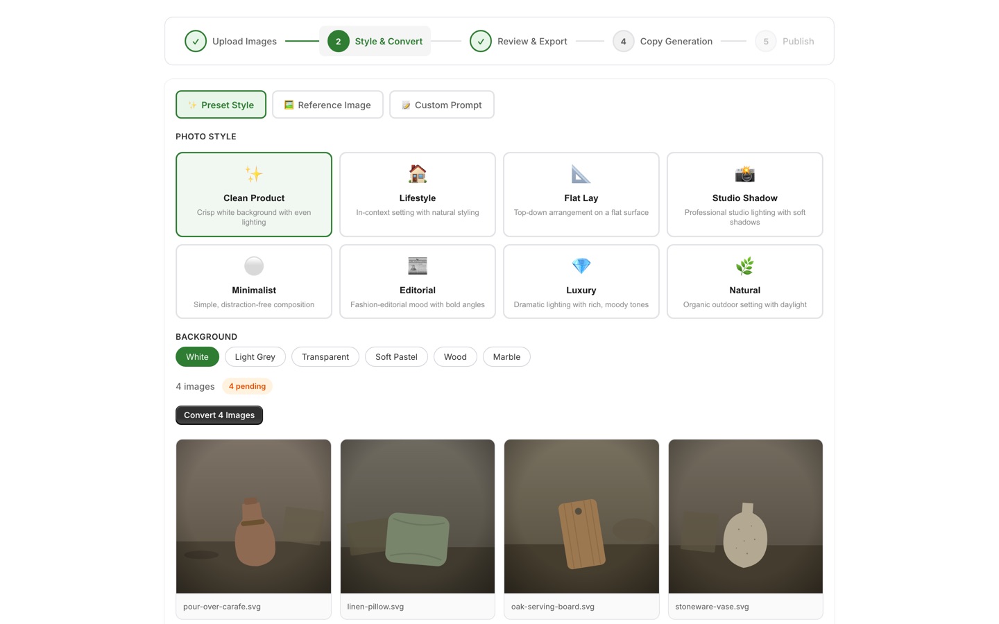 Catalog Manager Studio wizard on the Style & Convert step, with the 5-step progress bar and a queue of uploaded product images