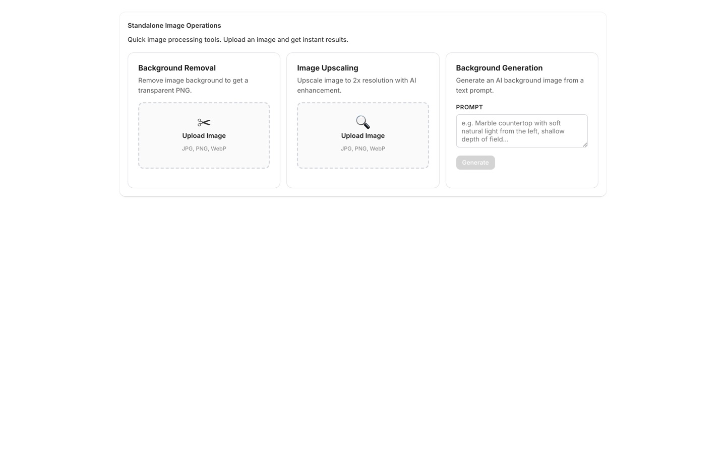 Standalone image operations page with Background Removal, 2x Image Upscaling, and prompt-driven Background Generation tools