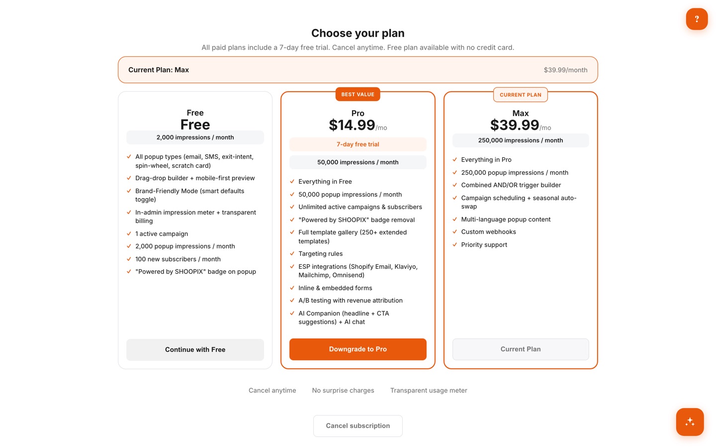 In-app Choose Your Plan page showing Free, Pro $14.99/mo, and Max $39.99/mo tiers with a 7-day free trial