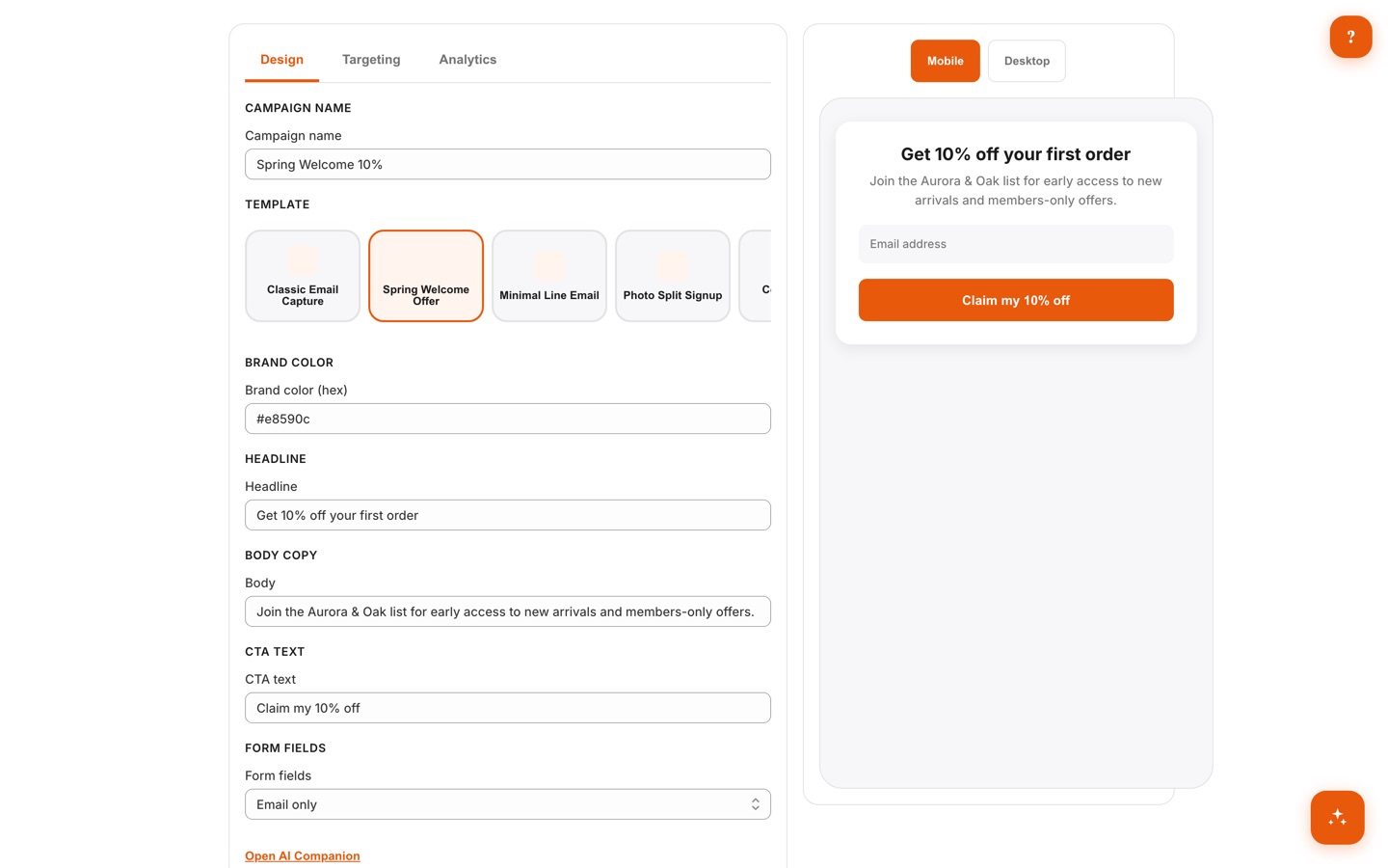 Campaign editor with Design, Targeting, and Analytics tabs, template picker, headline and CTA fields, an AI Companion link, and a live mobile popup preview