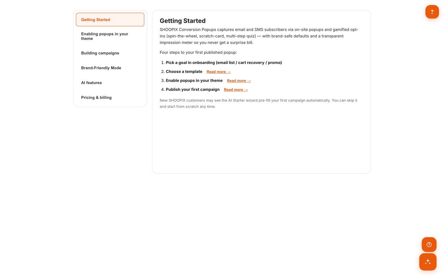 In-app Getting Started guide listing four steps to a first published popup, with sections for theme setup, campaigns, Brand-Friendly Mode, and AI features