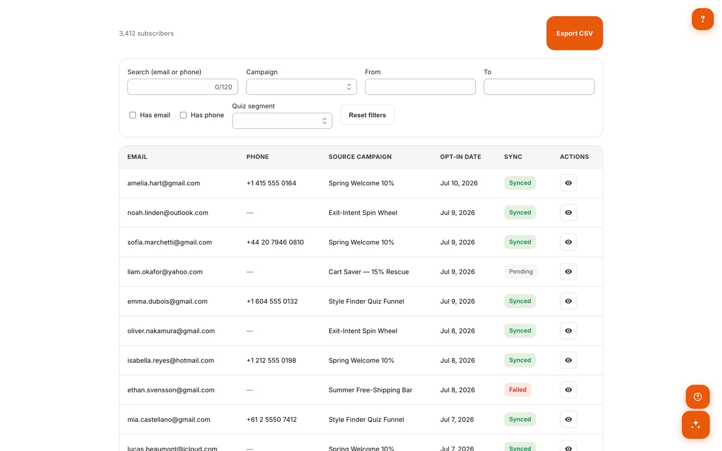 Subscriber list with email, phone, source campaign, opt-in date, ESP sync status, filters, and a CSV export button