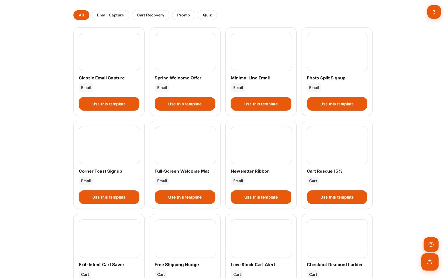Template gallery with goal filter chips and cards for email capture, cart recovery, and promo popup templates