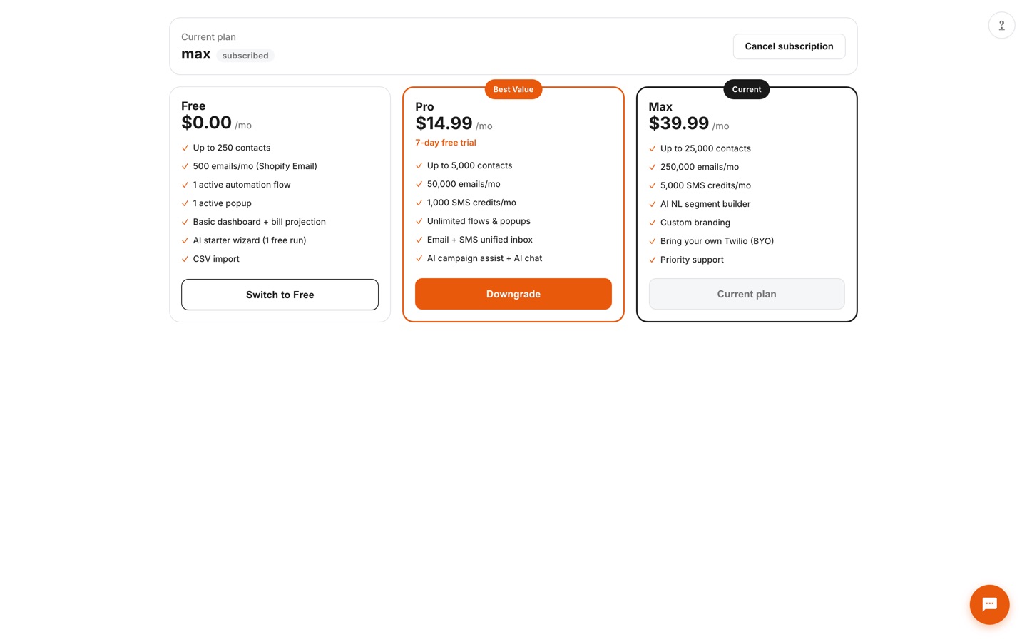 In-app Choose Your Plan page showing Free, Pro $14.99/mo, and Max $39.99/mo tiers with a 7-day free trial