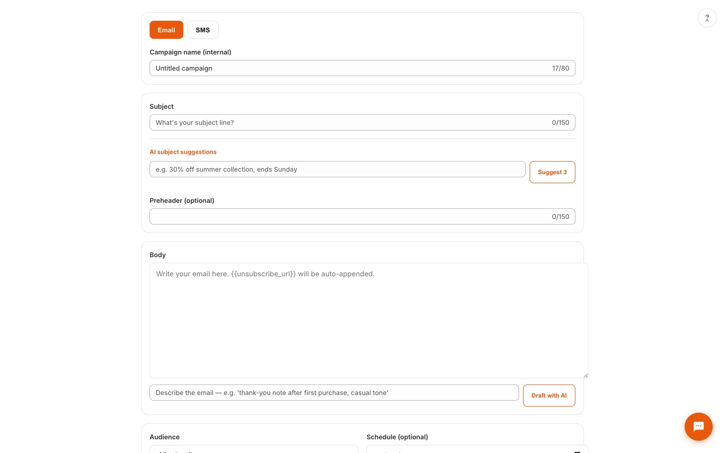 Campaign composer with email subject field, AI subject suggestions, and a Draft with AI prompt box