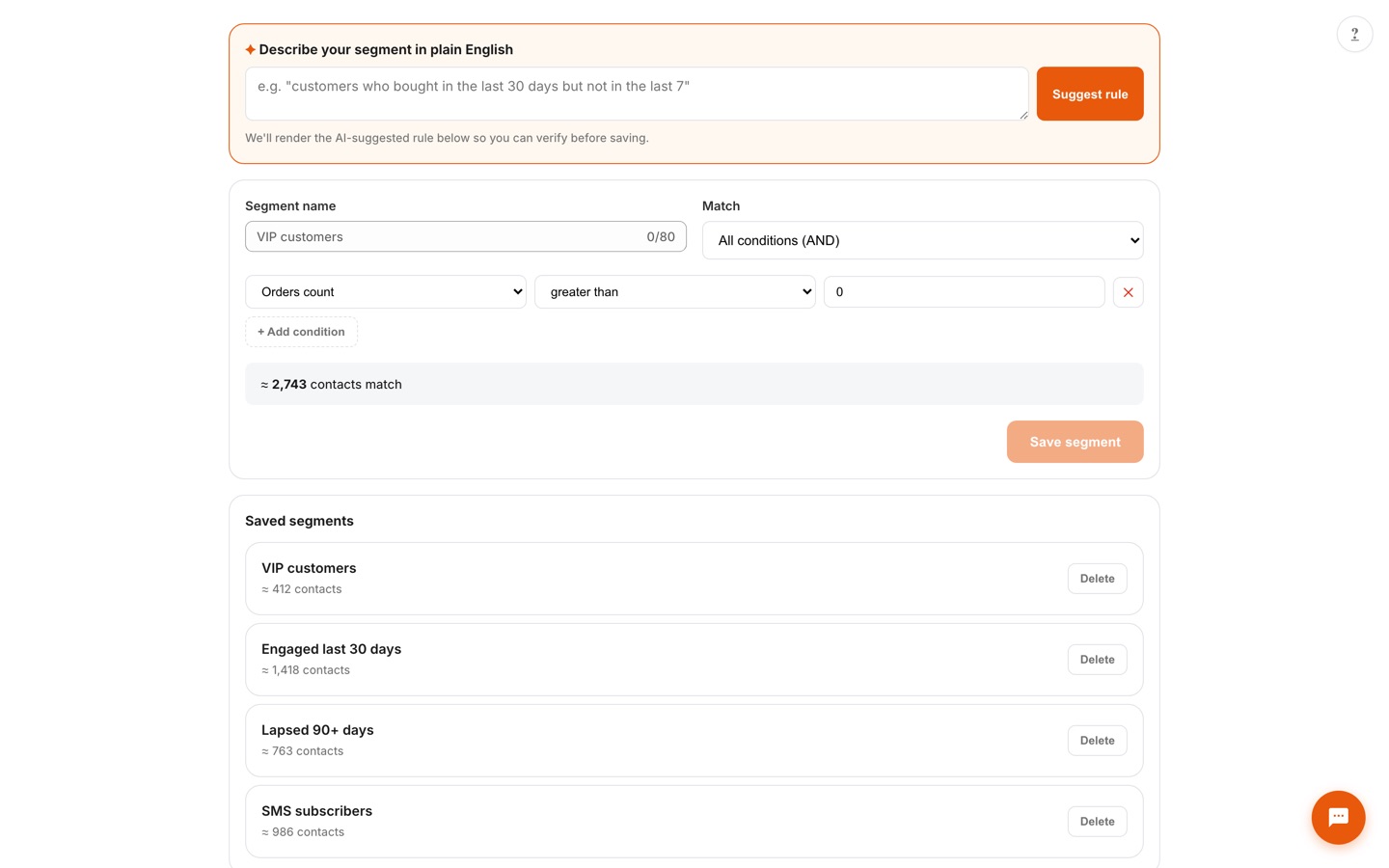 Segment builder with a plain-English AI prompt, an AND/OR rule editor, a live contacts-match estimate, and saved segments