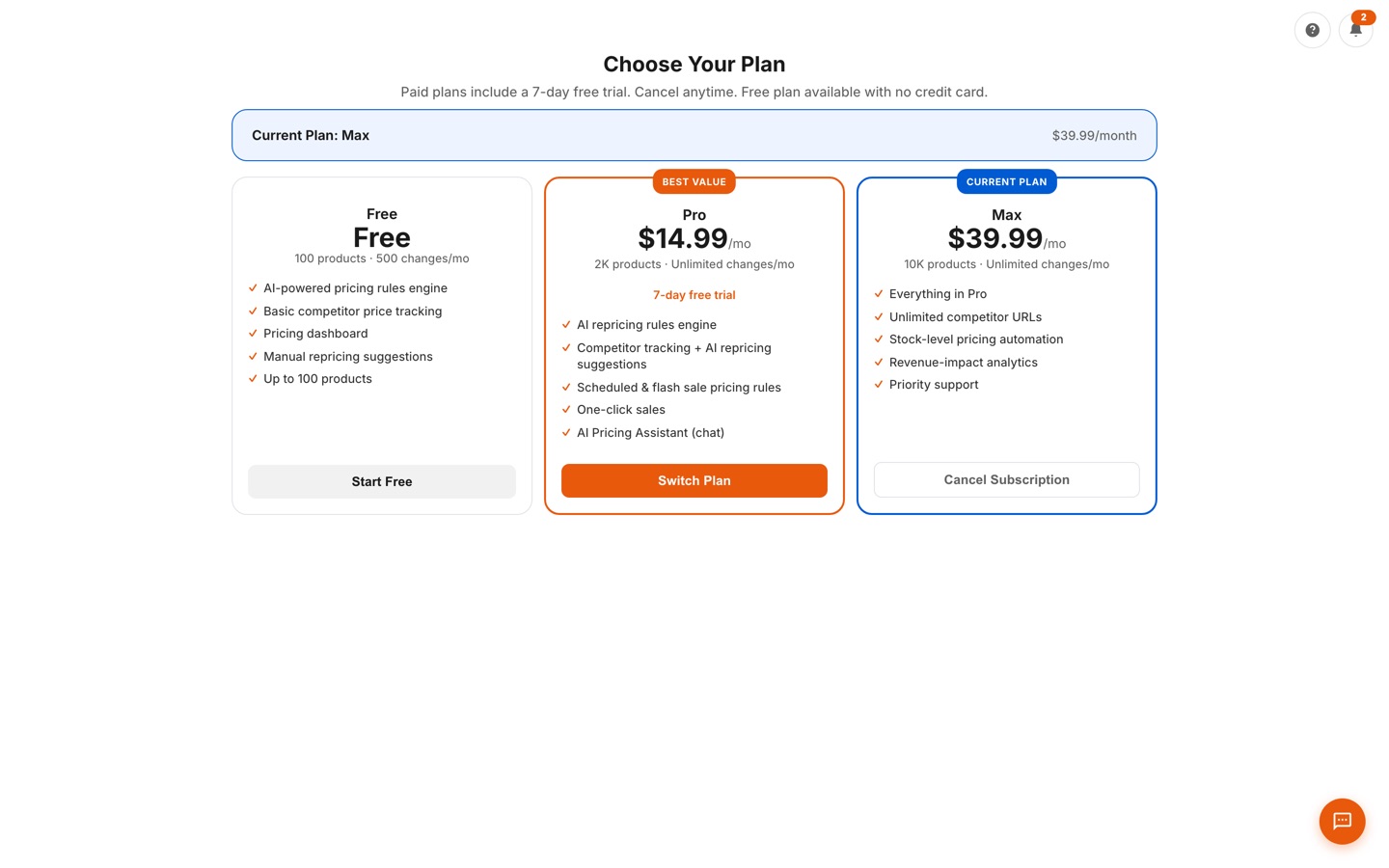 In-app Choose Your Plan page showing Free, Pro $14.99/mo, and Max $39.99/mo tiers with a 7-day free trial