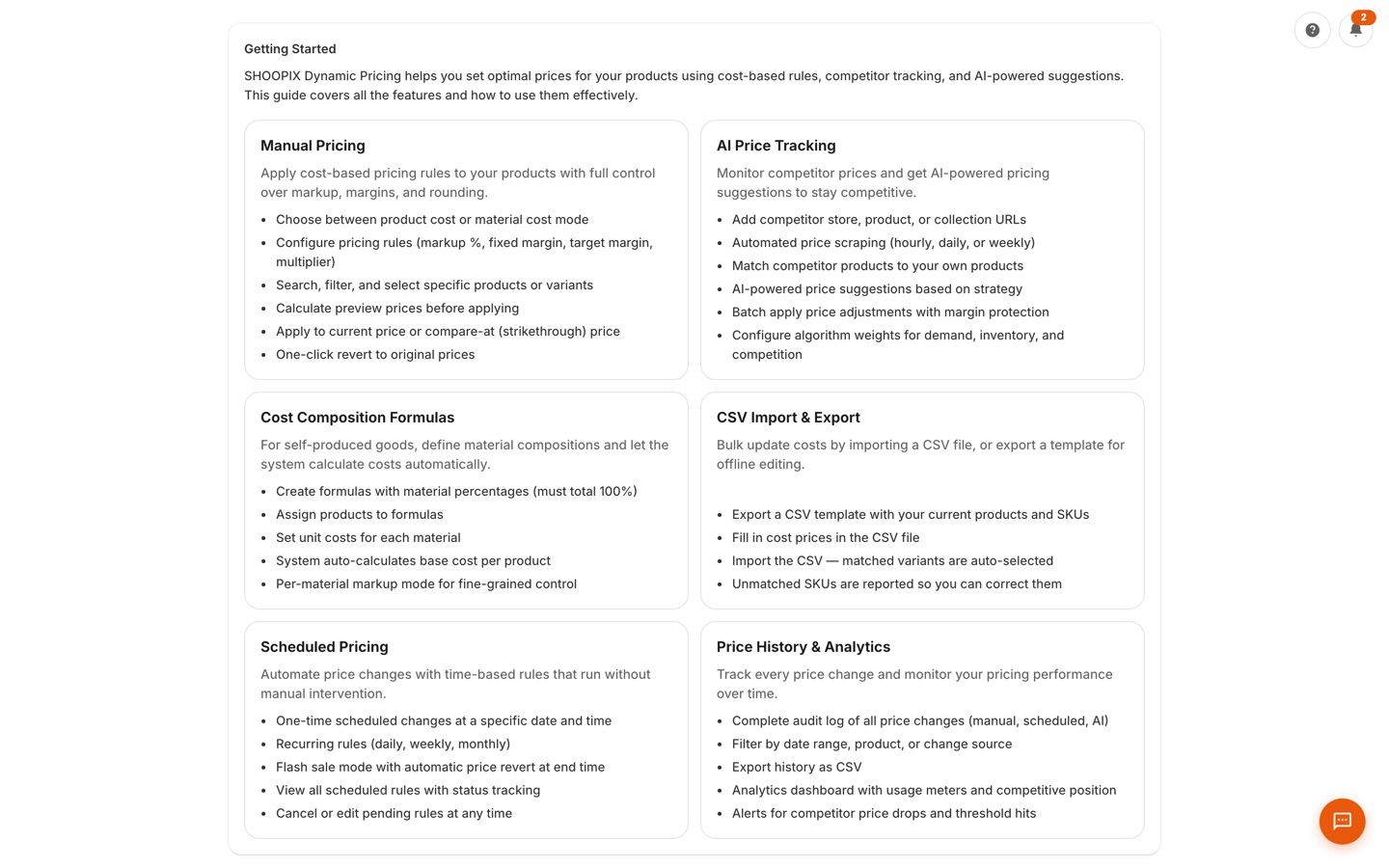 In-app Getting Started guide covering manual pricing, AI tracking, cost formulas, CSV import, scheduling, and history