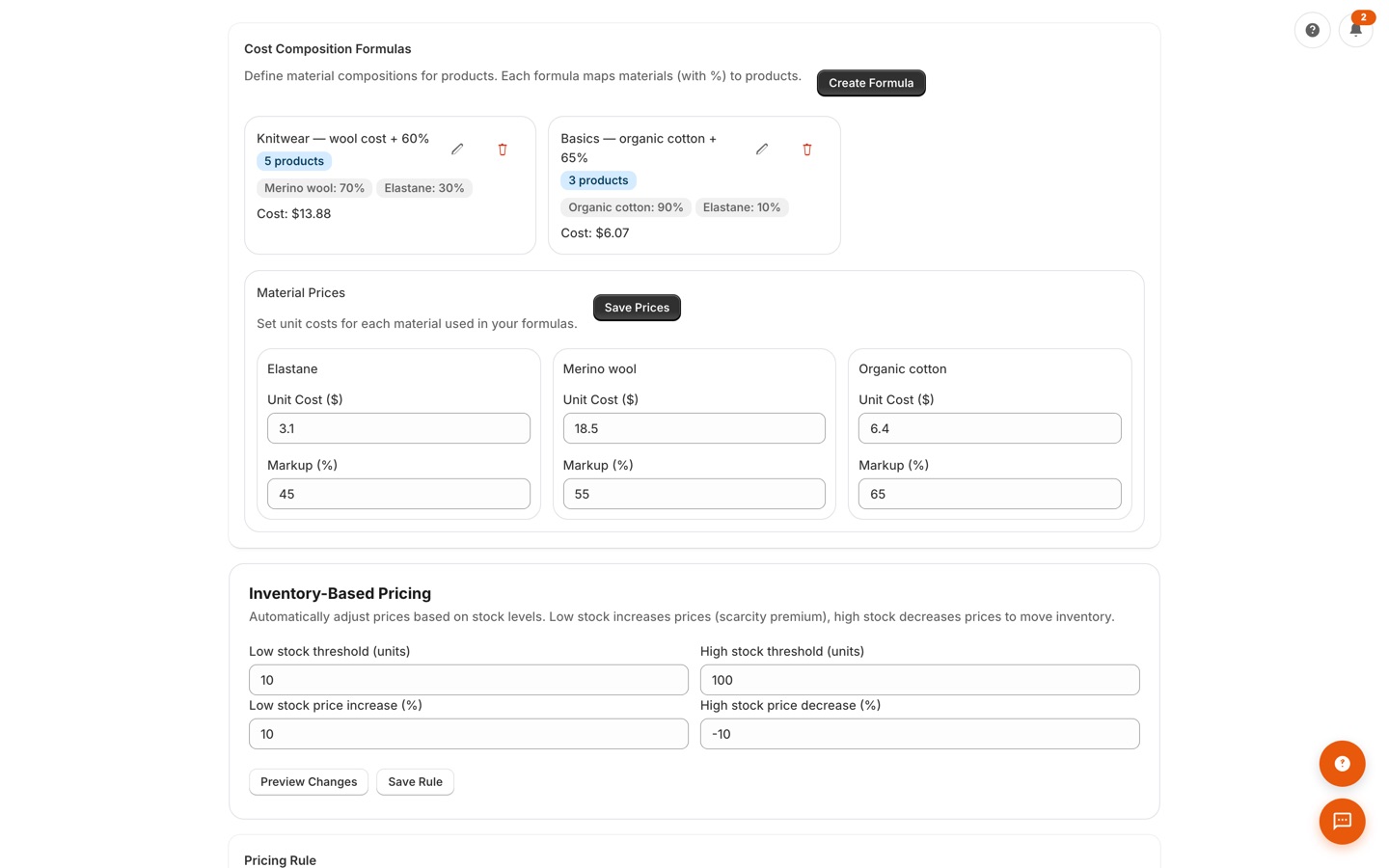 Pricing rules engine with bulk rule configuration and live before/after price preview