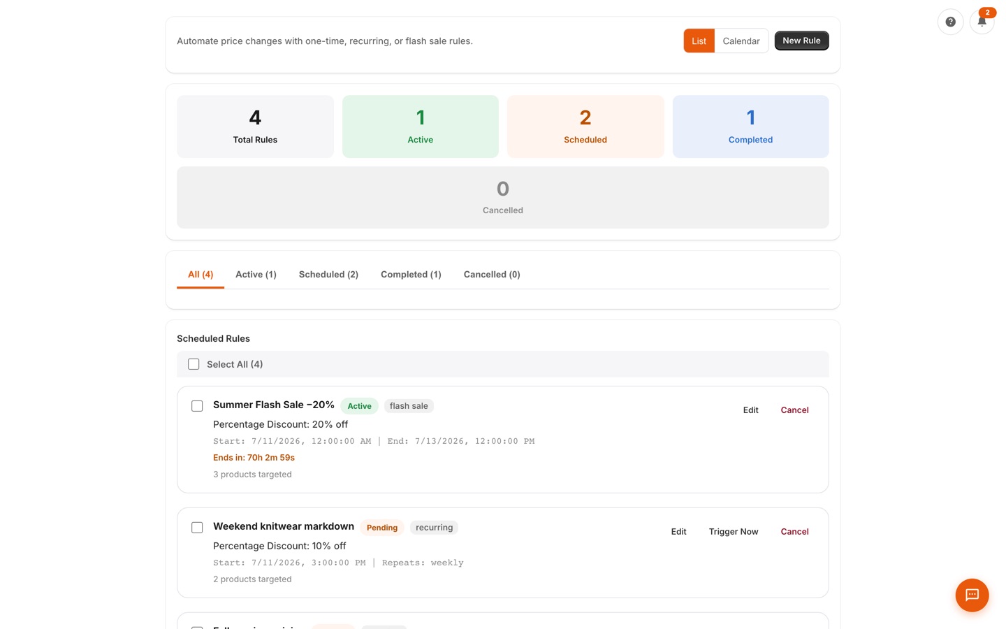 Scheduling page with a calendar timeline of upcoming and recurring pricing rules