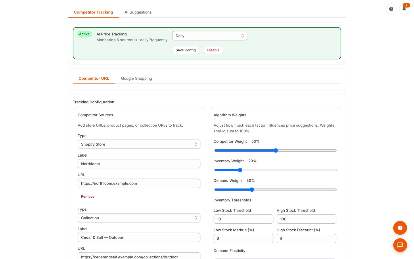 AI price tracking with competitor comparison table and an approve/reject suggestion queue