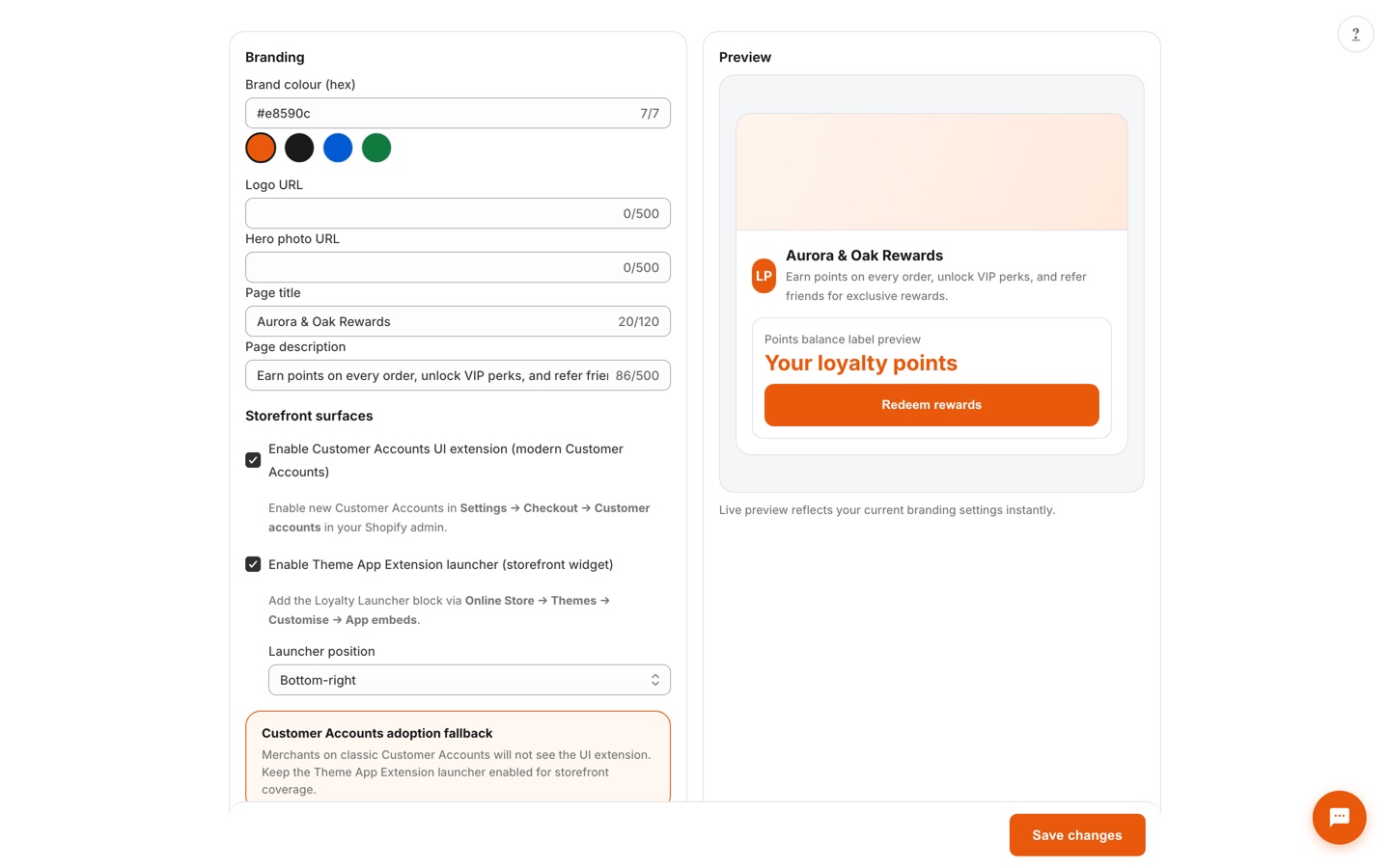 Branding page with brand color, logo, hero photo, and page copy fields, storefront surface toggles, and a live loyalty hub preview