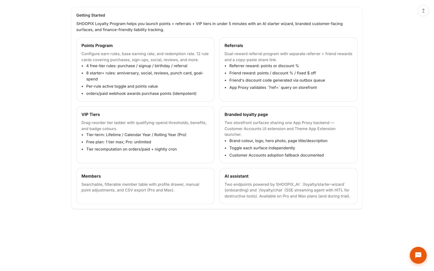 In-app Getting Started guide with cards for the points program, referrals, VIP tiers, branded loyalty page, members, and the AI assistant