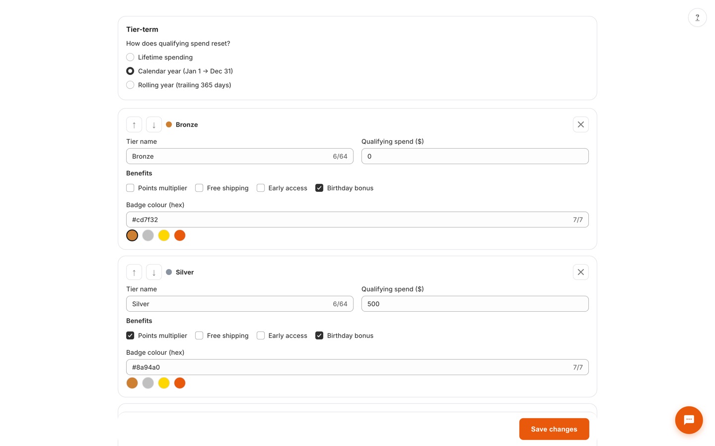 VIP tiers page showing Bronze and Silver tiers with qualifying spend thresholds, benefit checkboxes, badge colors, and tier-term reset options