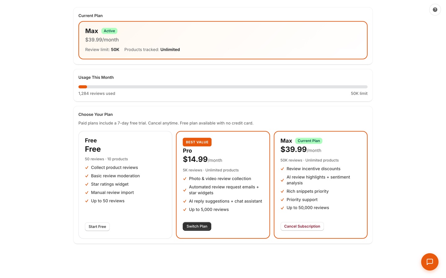 In-app Choose Your Plan page showing Free, Pro $14.99/mo, and Max $39.99/mo tiers with a 7-day free trial