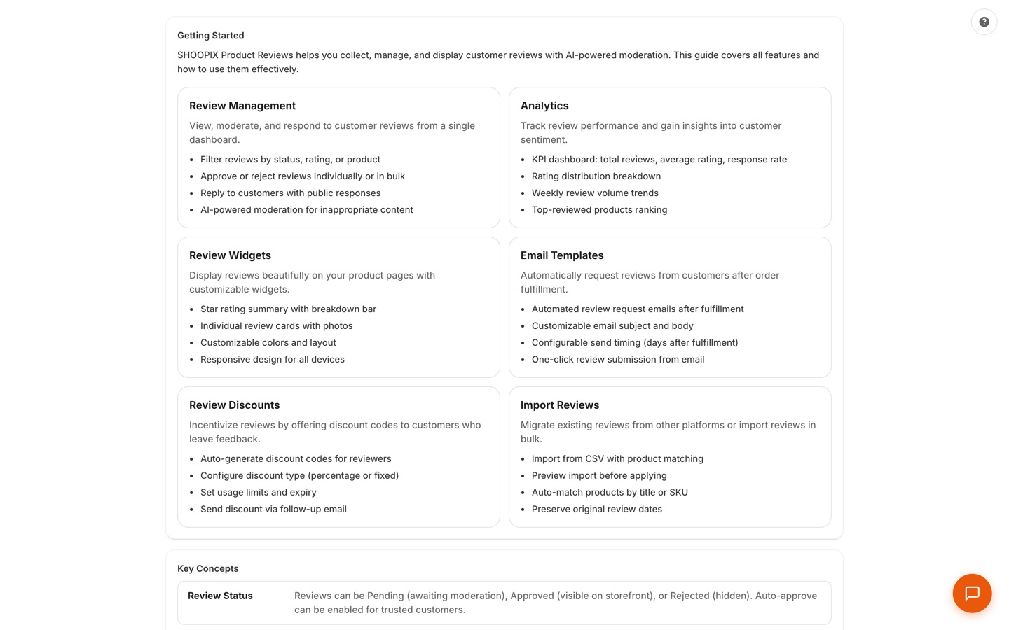 In-app guide cards covering automated review-request emails after fulfillment and review-incentive discount codes