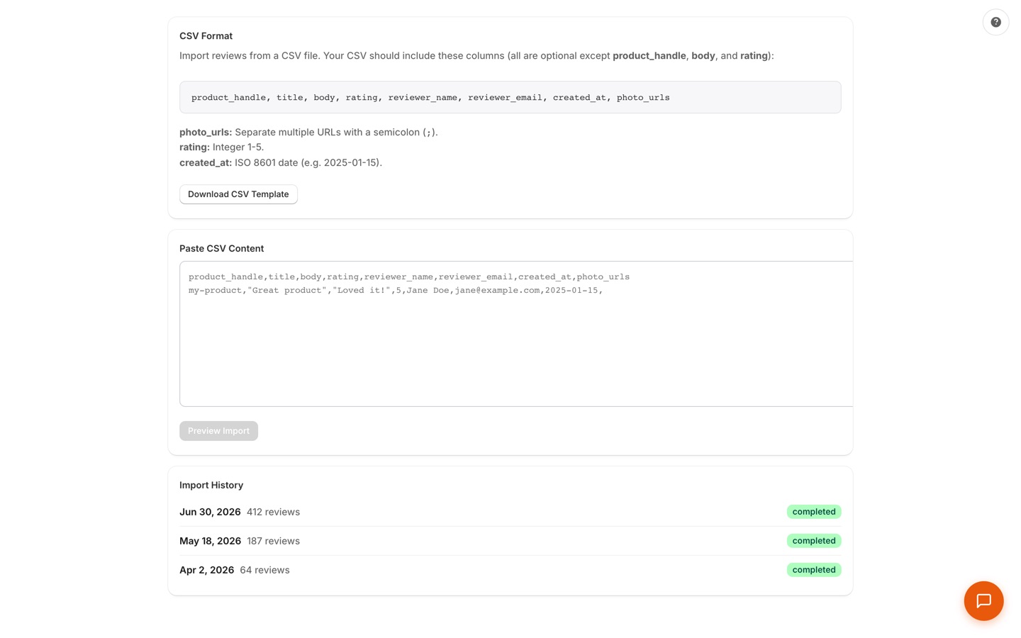 CSV import page with a format guide, downloadable template, paste-in content area, and an import history of completed imports