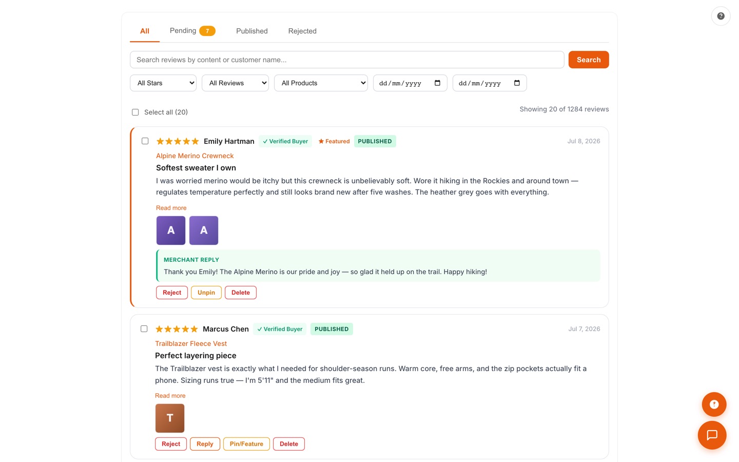 Review moderation queue with pending, published, and rejected tabs, verified-buyer badges, a merchant reply, and bulk actions