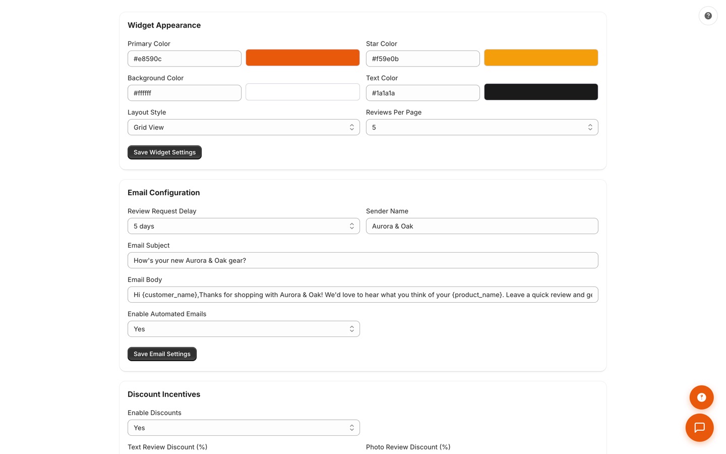Settings page with widget appearance controls for colors, layout style, and reviews per page, plus email configuration and discount incentives