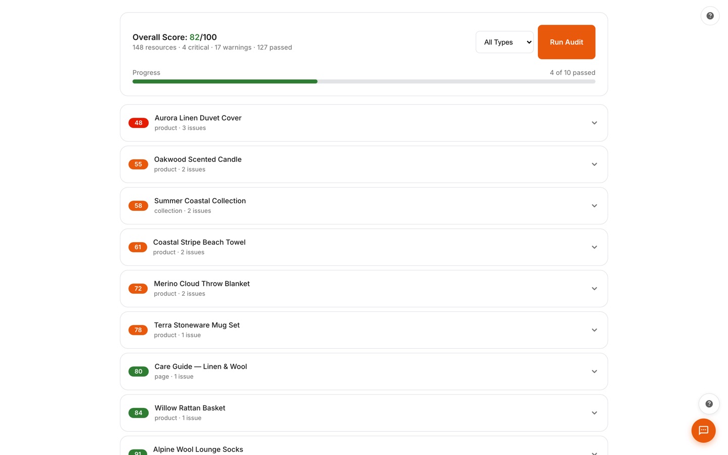 SEO audit page scoring every product, collection, and page individually with per-resource issue counts