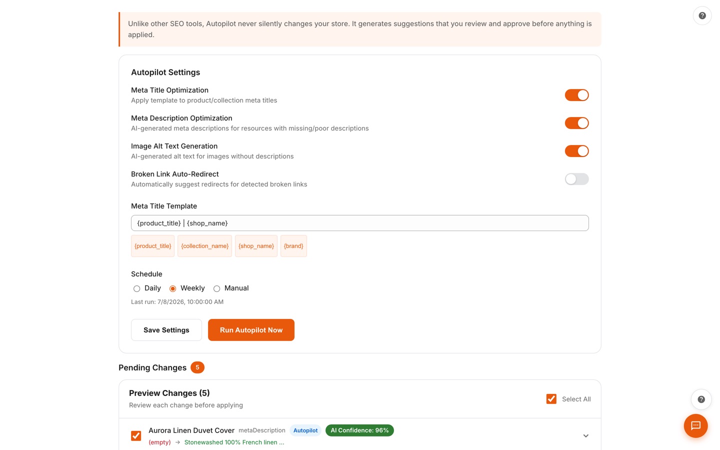 Autopilot settings with optimization toggles, a schedule, and pending changes awaiting review with AI confidence scores