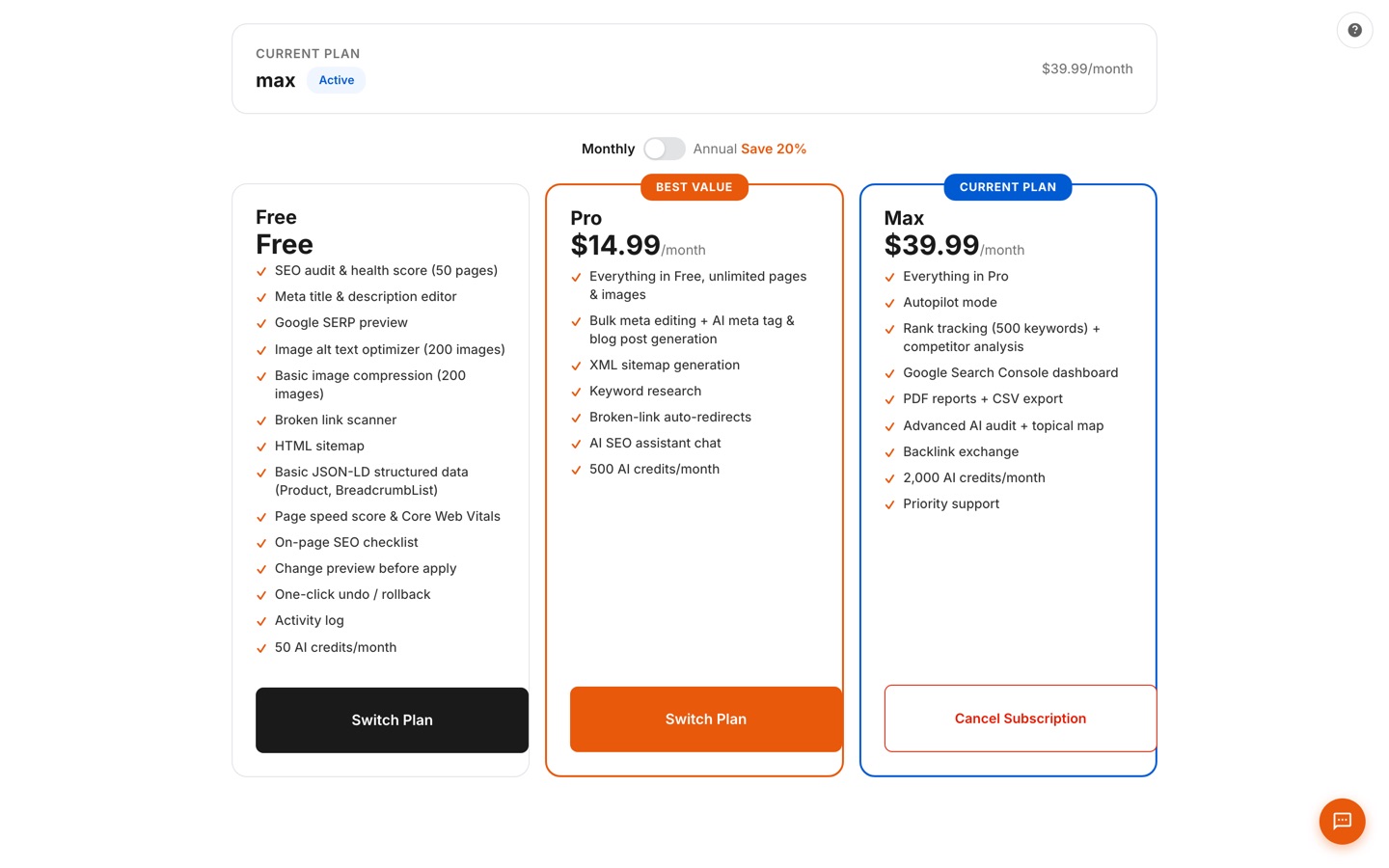 In-app Choose Your Plan page showing Free, Pro $14.99/mo, and Max $39.99/mo tiers with a 7-day free trial