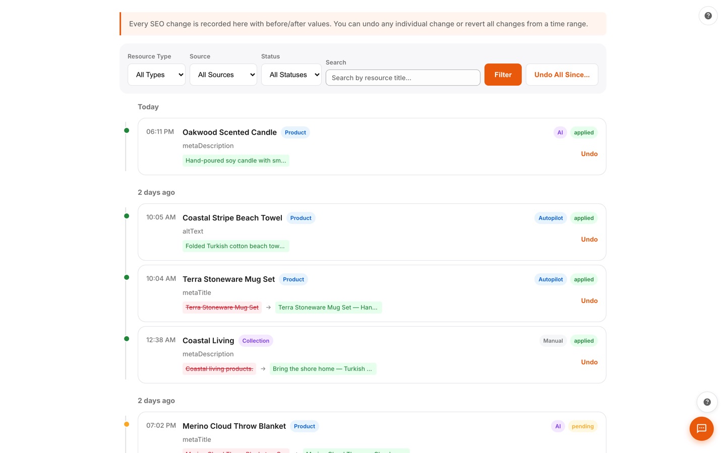 Change Preview activity log listing every SEO change with old and new values, AI and Autopilot source badges, and per-change Undo buttons