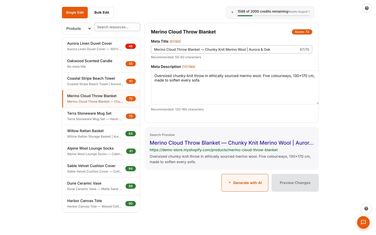 Meta tag editor with character-count guidance and a live Google search result preview below the fields