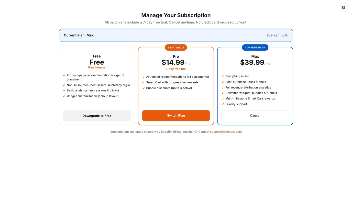 In-app Manage Your Subscription page showing Free, Pro $14.99/mo, and Max $39.99/mo tiers with a 7-day free trial