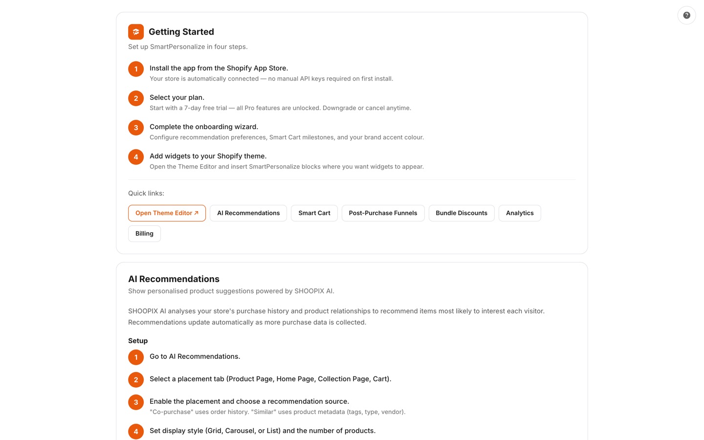 In-app Getting Started guide covering install, plan selection, onboarding wizard, and adding SmartPersonalize widgets to your Shopify theme