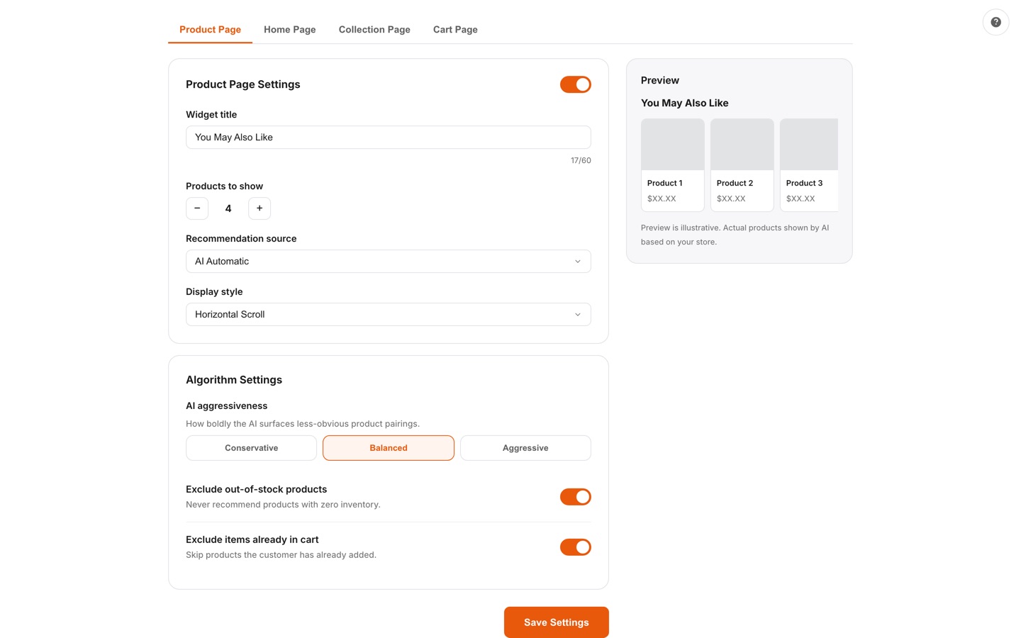 AI Recommendations settings with placement tabs, recommendation source picker, AI aggressiveness control, and a live widget preview