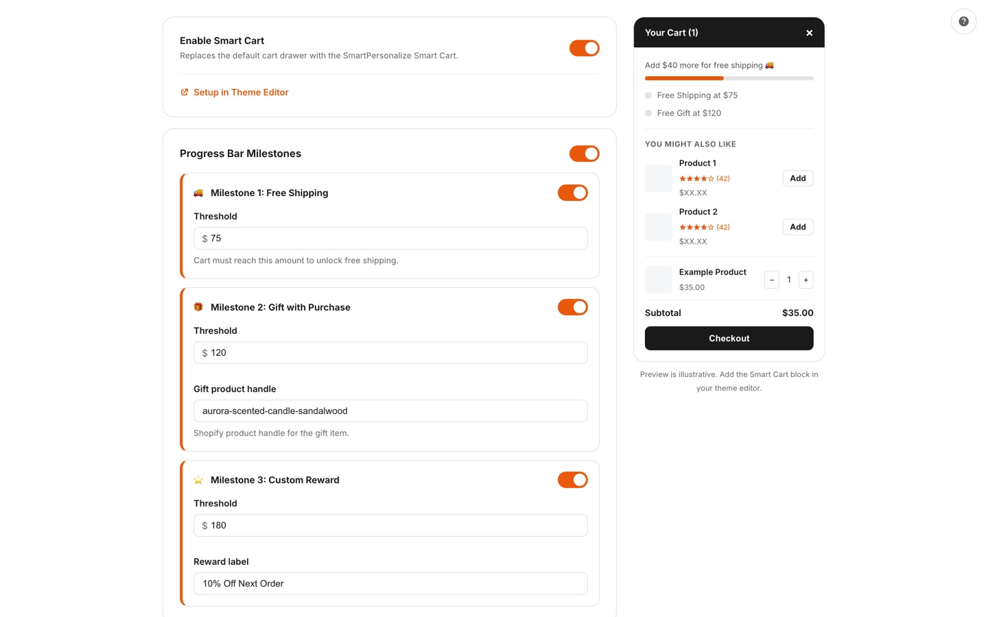 Smart Cart configuration with free-shipping, gift-with-purchase, and custom-reward milestones beside a live cart drawer preview with progress bar and in-cart recommendations