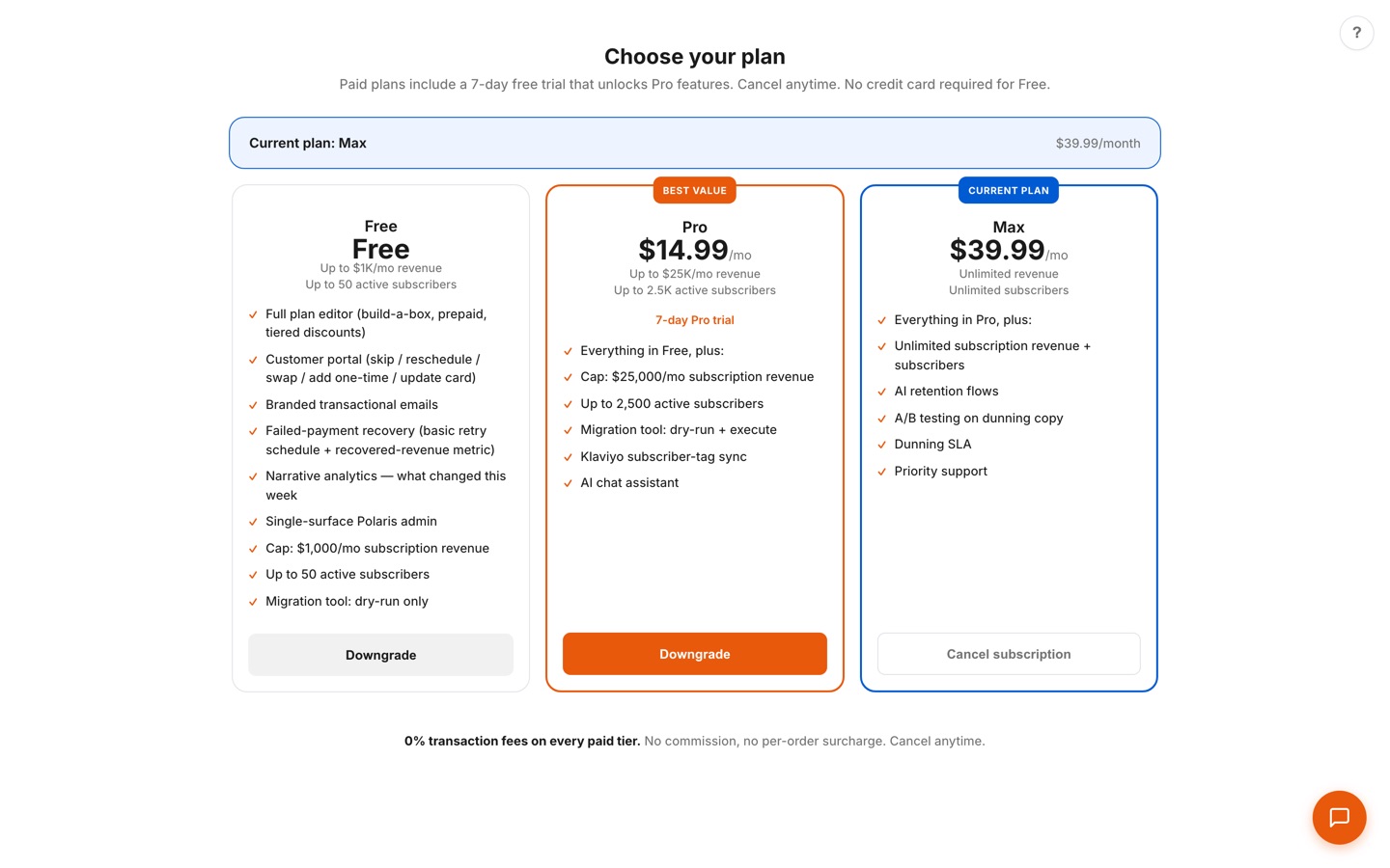 In-app Choose Your Plan page showing Free, Pro $14.99/mo, and Max $39.99/mo tiers with a 7-day free trial and 0% transaction fees on every paid tier