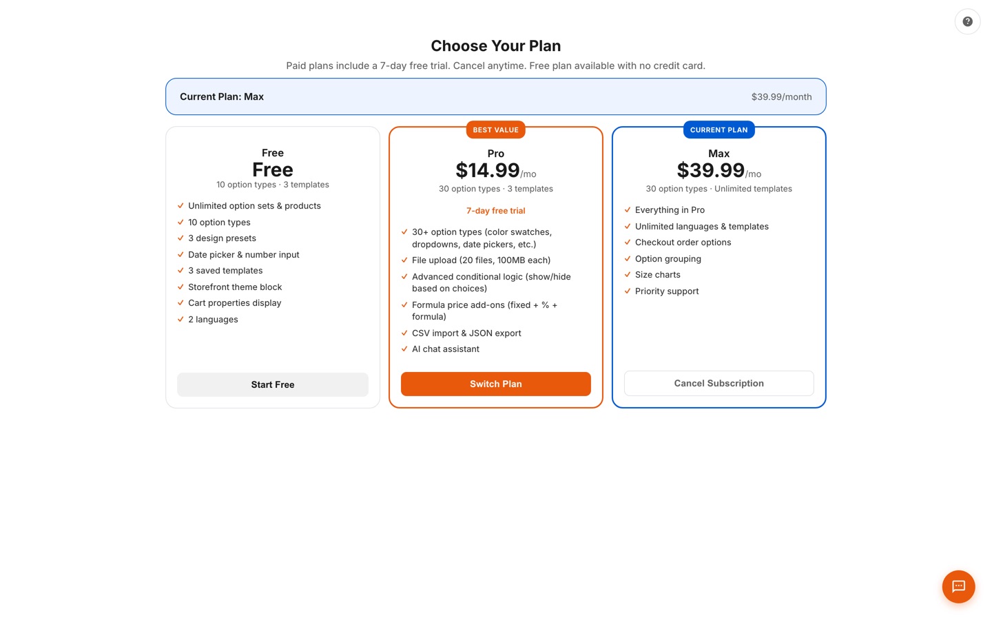 In-app Choose Your Plan page showing Free, Pro $14.99/mo, and Max $39.99/mo tiers with a 7-day free trial