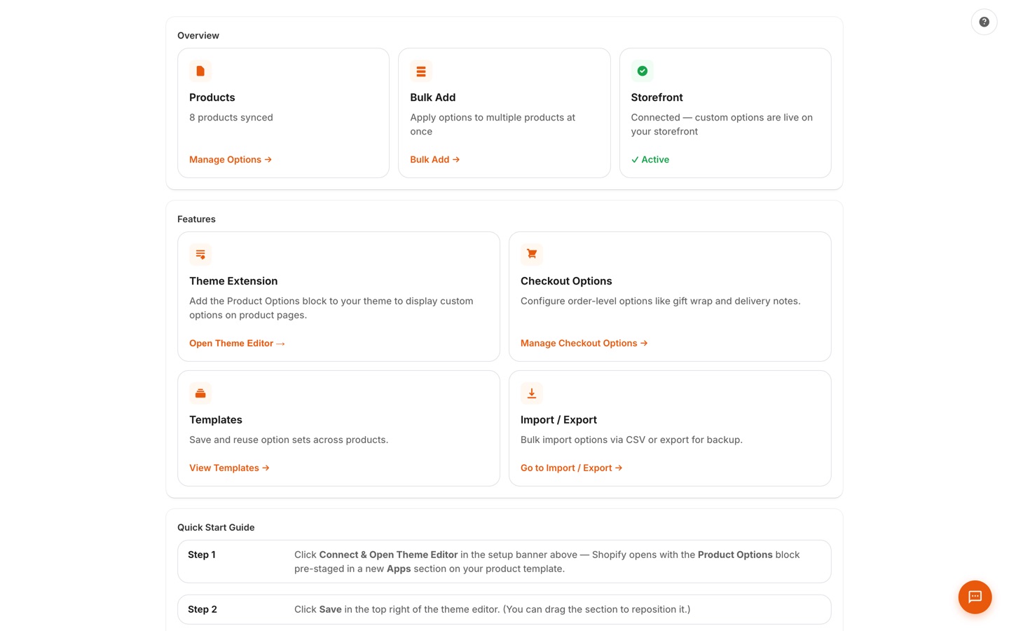 Dashboard with setup status cards for products synced, bulk add, storefront connection, theme extension, checkout options, templates, and import/export