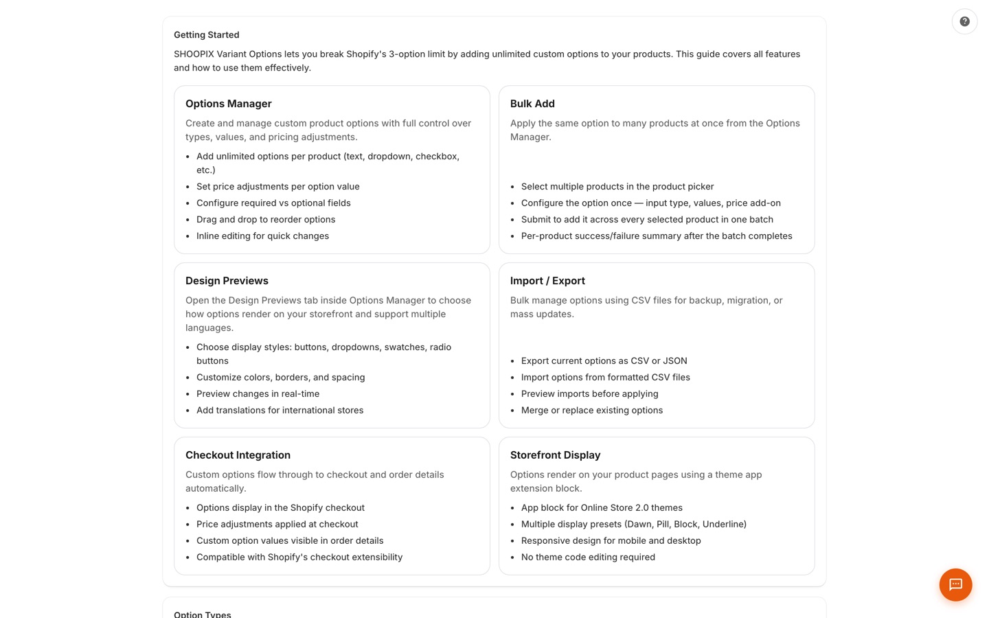 In-app Getting Started guide covering Options Manager, Bulk Add, Design Previews, Import/Export, checkout integration, and storefront display