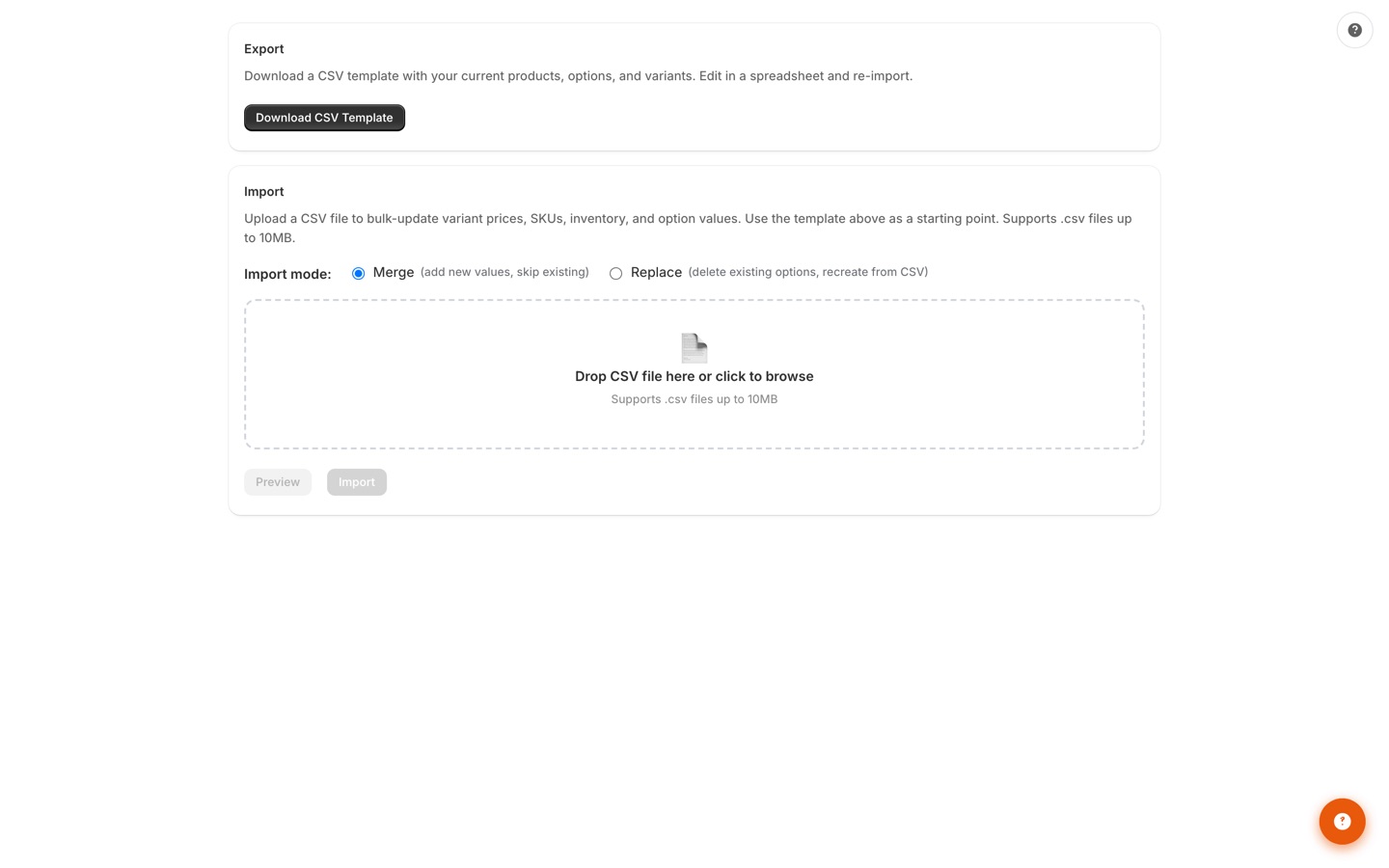 Import/Export page with CSV template download, merge or replace import modes, and drag-and-drop CSV upload