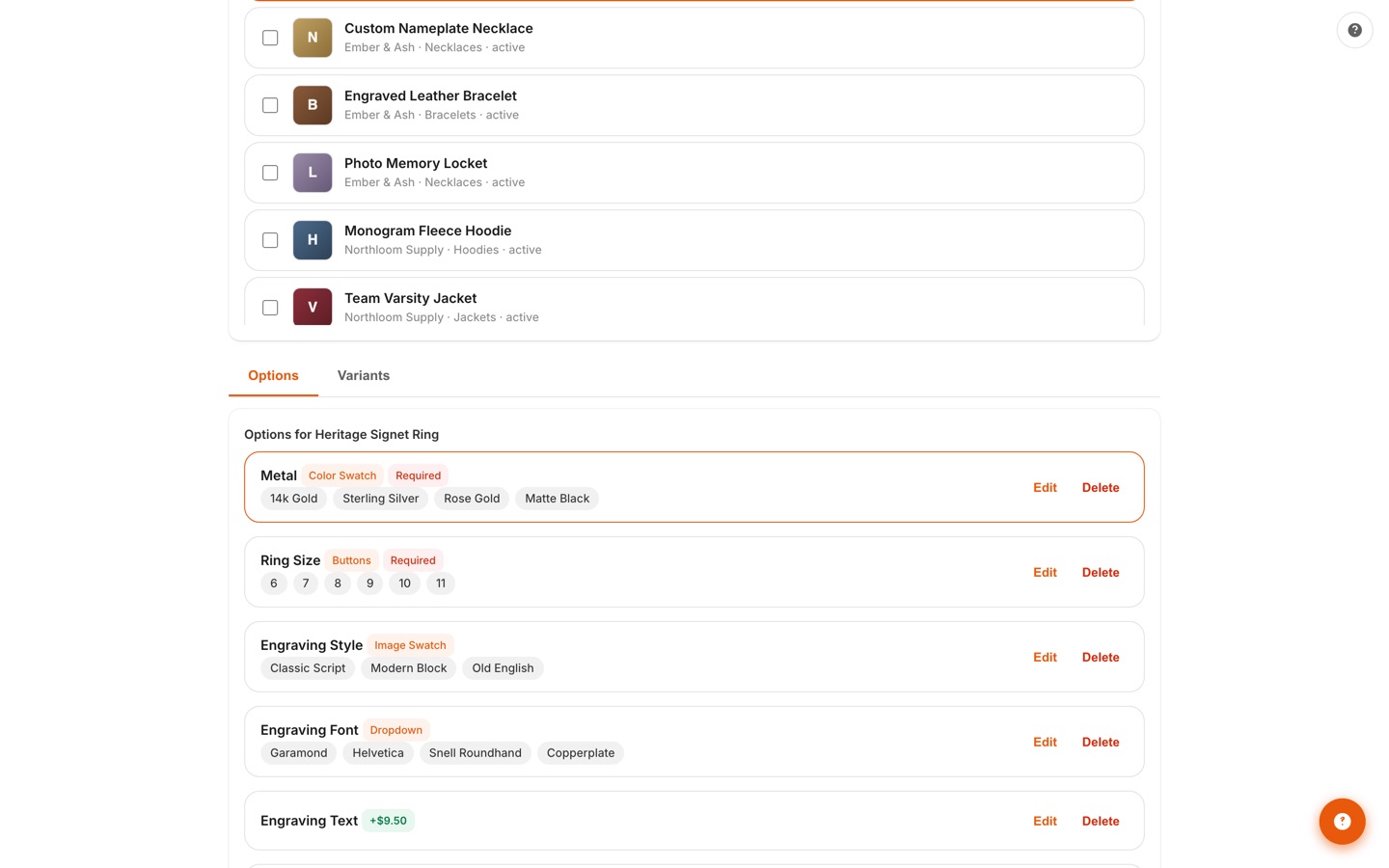 Option set editor for a signet ring with color swatch, buttons, image swatch, and dropdown inputs, required flags, and a +$9.50 engraving price add-on