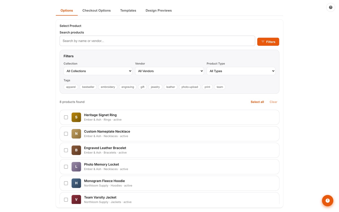 Options manager with product search, collection, vendor, type, and tag filters across the store's products