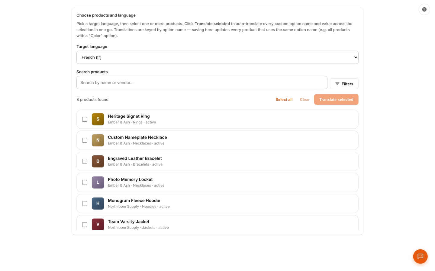 Translations page with a target-language selector and bulk product selection for auto-translating option names and values
